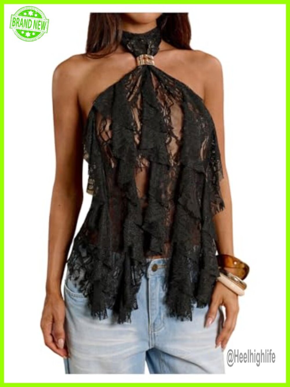 Lace Halter Top Y2K Tie Back Sheer Mesh Ruffle Going Out Rave Festival